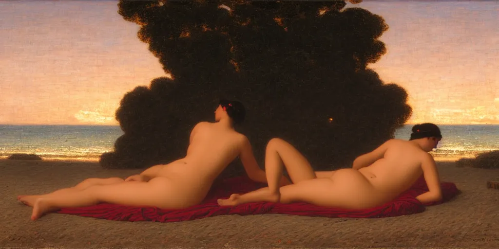 Image similar to a lonely woman sunbathing on the beach at dusk time ， 4 k resolution, by john william godward