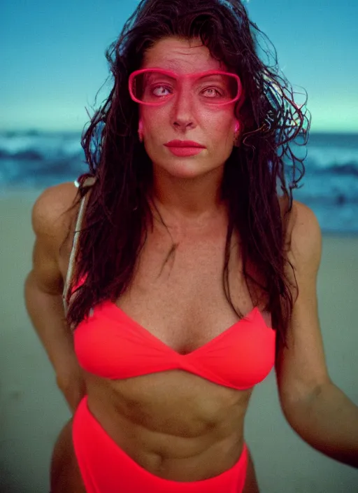 Image similar to A hyper realistic and detailed head portrait photography of Rebecca Romign of Baywatch on a futuristic beach. by Annie Leibovitz. Neo noir style. Cinematic. neon lights glow in the background. Cinestill 800T film. Lens flare. Helios 44m