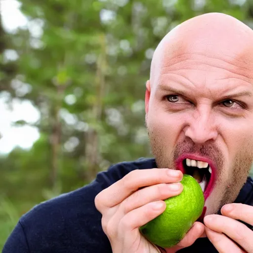 Prompt: angry bald swedish man biting into a raw lime on live camera