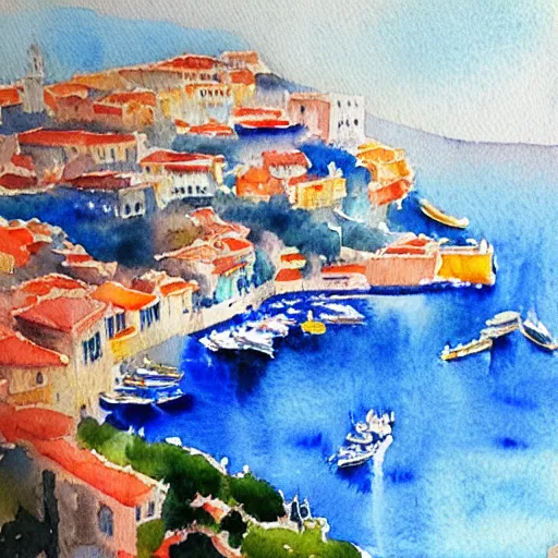 Prompt: A dreamy watercolor of an italian harbor, blue and orange palette