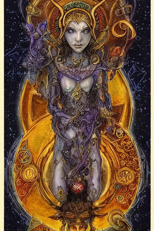 Prompt: aries zodiac artwork, mystic tarot style, detailed, 8 k, symmetrical, by brian froud