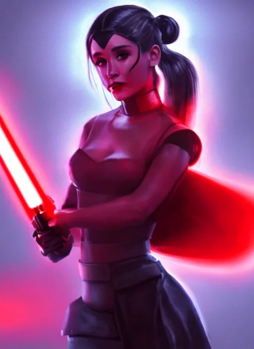 Image similar to Photo of Sith Ariana Grande with a red light saber, Star Wars concept art, trending on artstation, dramatic lighting, photo-realistic