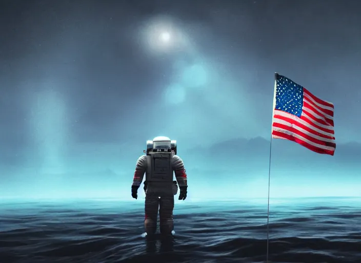 Image similar to astronaut holding a flag in an underwater desert. a submarine is visible in the distance. dark, concept art, cinematic, dramatic, atmospheric, 8 k, trending on artstation, blue, fish, low visibility, fog, ocean floor, christopher nolan, interstellar