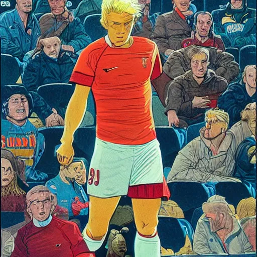 Image similar to a blonde man inspecting a soccer game from the stands. happy, colorful Epic portrait by james gurney and mœbius.