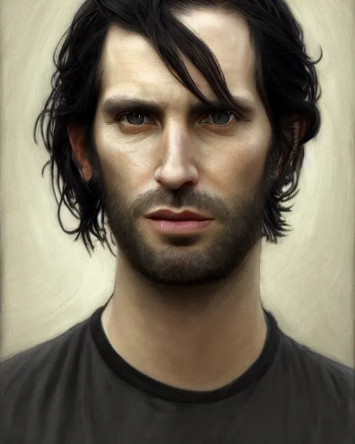 Image similar to portrait of tall, 3 3 - year - old handsome man with long dirty black hair, and grey eyes, wearing black clothes, smooth clear face, no beard, hyper realistic face, aristocratic appearance, hyper realistic face, beautiful eyes, close up, fantasy art, in the style of greg rutkowski, intricate, alphonse mucha, hyper detailed, smooth
