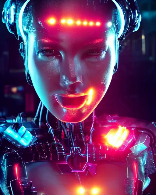 Prompt: photo of sweaty soulful female as a cyberpunk mecha humanoid robotic head and face parts with straight bright led lights, small light emitting cables, sweaty skin dripping down face, ultra - realistic and detailed, long exposure 8 k