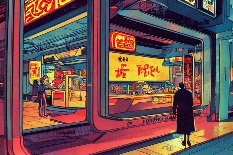 Image similar to 1 9 7 9 science fiction magazine cover depicting a fast food window downtown in neo - tokyo. in the style of bladerunner concept art by syd mead