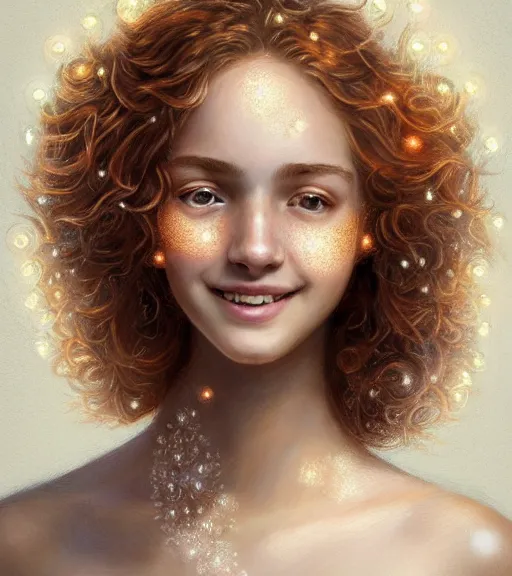 Image similar to portrait of teenage aphrodite, light freckles, curly copper colored hair, smiling kindly, wearing an embroidered white linen dress, intricate, elegant, mother of pearl jewelry, glowing lights, highly detailed, digital painting, artstation, concept art, smooth, sharp focus, illustration, art by wlop, artgerm, and greg rutkowski