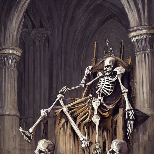 Prompt: Human skeleton, skeleton knight, majesty in noble clothes, king resting on a throne inside a cathedral, old castle, oil painting, by Fernanda Suarez and Greg Rutkowski