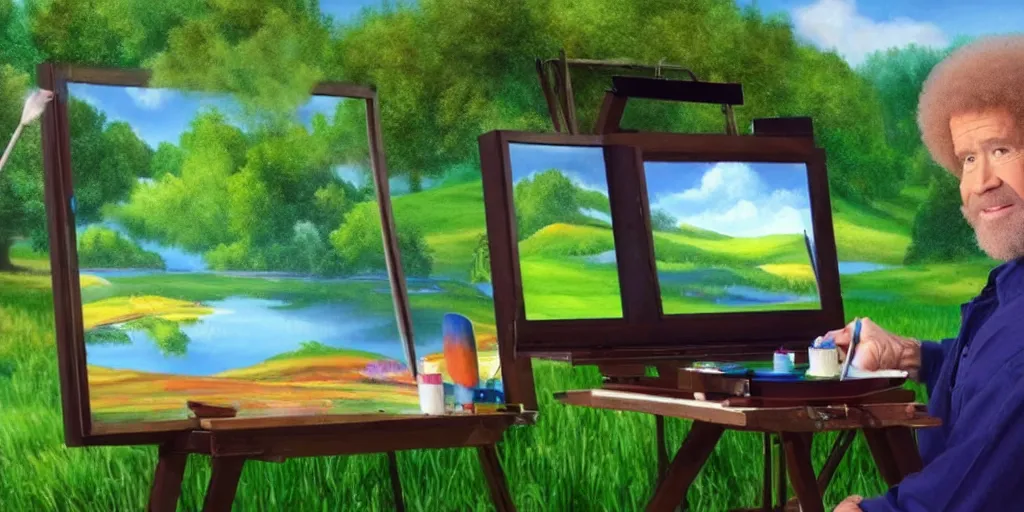 Prompt: a still of Bob Ross painting the windows xp wallpaper