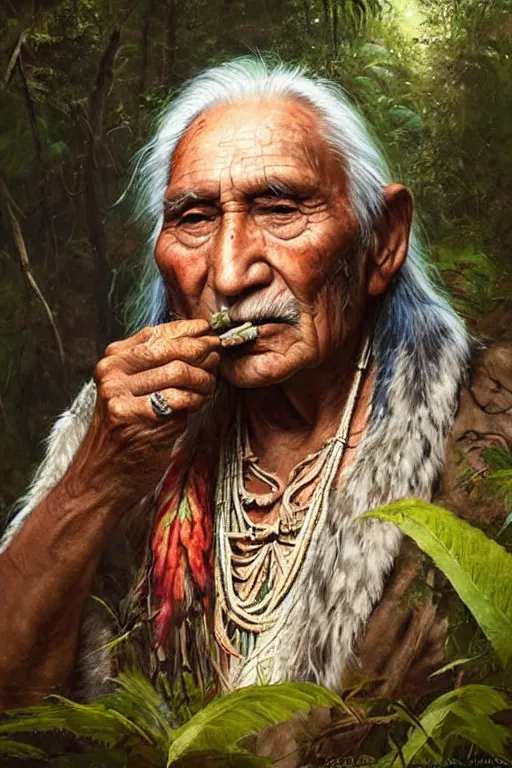 Image similar to a beautiful portrait of chief dan george taking tobacco snuff in the jungle, hyper realistic face, fantasy art, in the style of greg rutkowski, intricate, hyper detailed, smooth