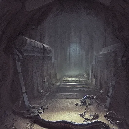 Image similar to a huge anaconda in a dark grave, horror ,digital art,realistic,detailed,art by greg rutkowski