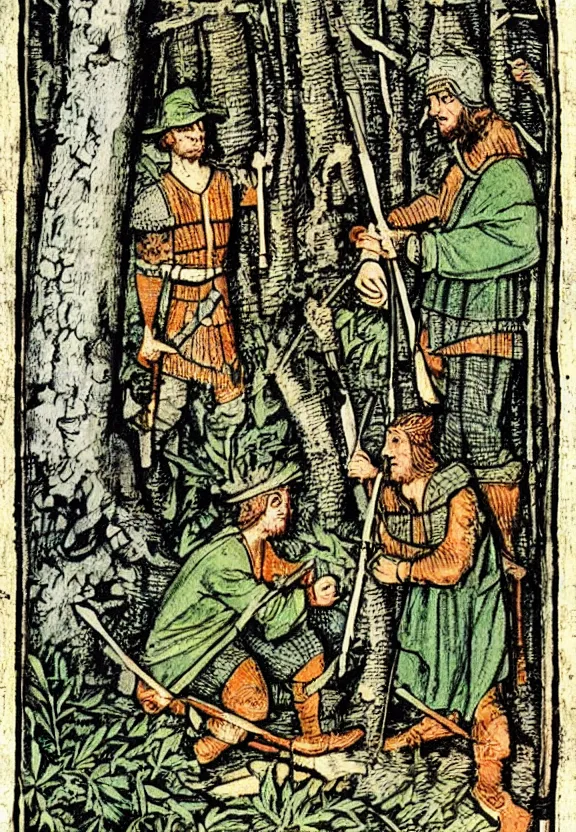 Prompt: Clear medieval illustration of Robin Hood and the merry men in the forest