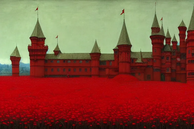 Image similar to only with red, red flowers of different types, red castle in background, red medieval goblins, in the style of beksinski, parts by edward hopper, parts by rodcenko, parts by yue minjun, intricate and epic composition, red by caravaggio, insanely quality, highly detailed, masterpiece, red light, artstation, 4 k