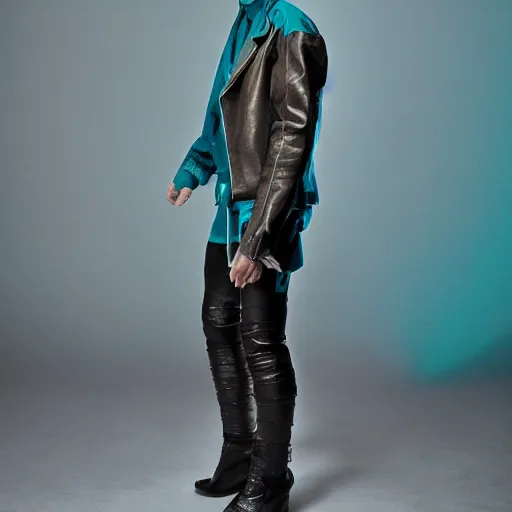 Image similar to an award - winning editorial photo of a male model wearing a teal distressed baggy medieval cropped leather menswear jacket, 4 k, studio lighting