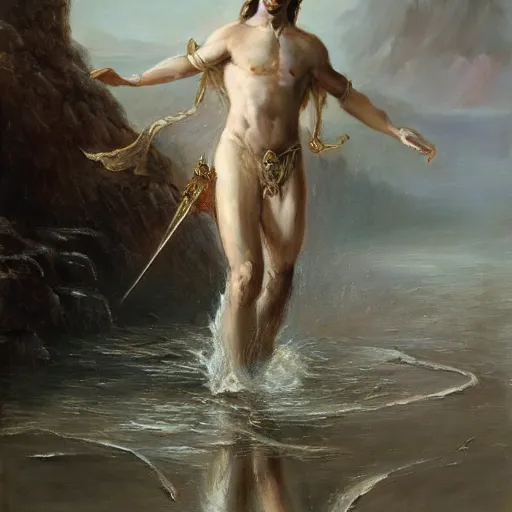 Image similar to a holy saint walking on top of water. photorealism. pseudo realistic. detailed. 4 k masterpiece. cgsociety. by tianhua xu. by gaston bussiere.