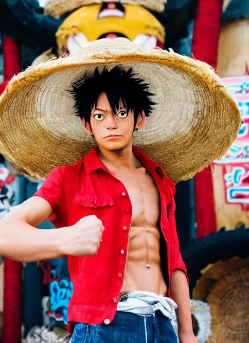 Image similar to A full portrait photo of real-life luffy one piece, f/22, 35mm, 2700K, lighting, perfect faces, award winning photography.