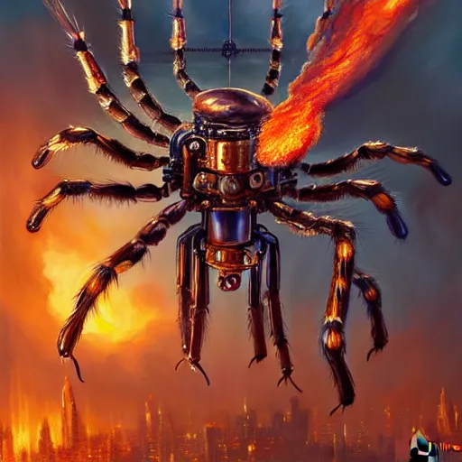 Prompt: beautiful oil painting with high detail of a mechanical spider attacking city and art direction by James Cameron ;by artgerm; wayne reynolds art station; cinematic quality character action render; ultra high quality model; production quality cinema model; flaming plasma aesthetic