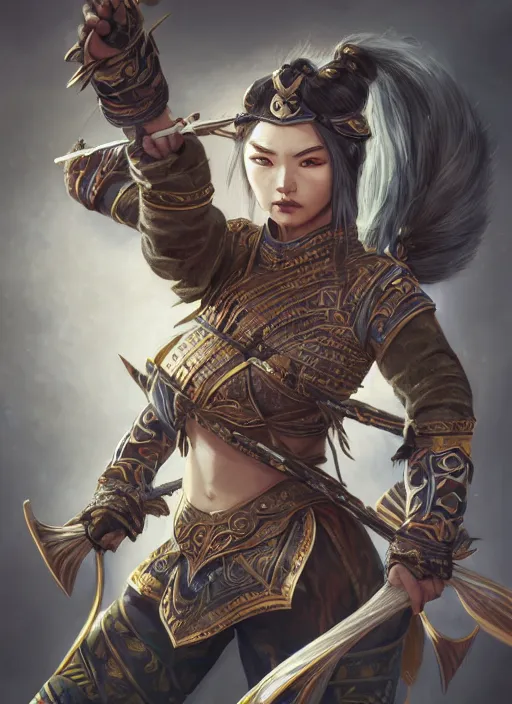 Image similar to a highly detailed illustration of fierce mongol warrior woman with bow, heroic shooting bow pose, intricate, elegant, highly detailed, centered, digital painting, artstation, concept art, smooth, sharp focus, league of legends concept art, wlop.