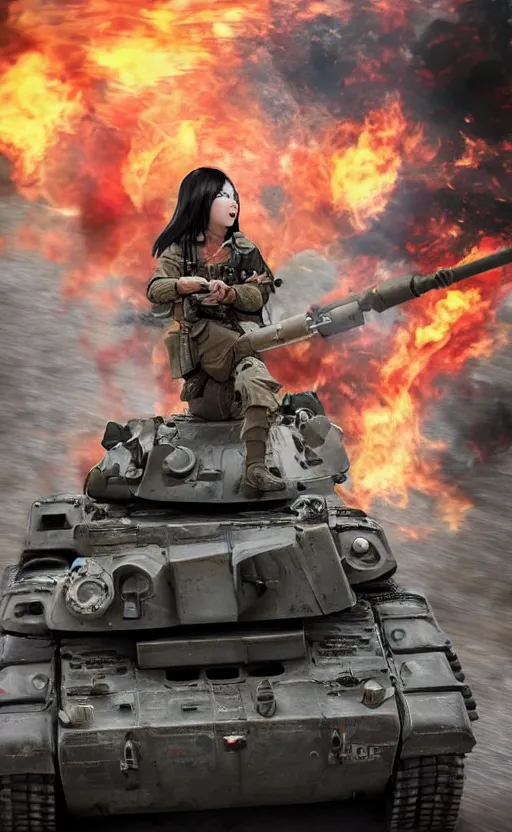 Image similar to war photo of a screaming female and asian tank commander getting outside of her vehicle, highly detailed, smoke and flames in the background, high resolution, cosplay photo, stunning, girls frontline style, bokeh soft, shot on 70mm, zenithal lightning, trending on instagram, by award winning photographer, realistic human anatomy, real human faces, realistic military carrier, soldier clothing, modern warfare, shot with a professional camera, low saturation, soldier clothing