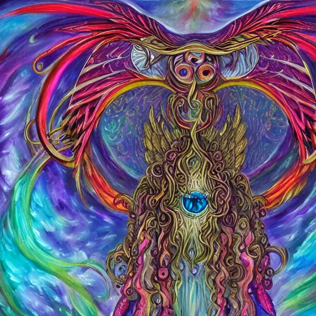 Image similar to angelic ophanim Lovecraftian celestial covered in eyes feathers and wings, oil painting award winning, chromatic aberration sharp colors, symmetrical geometry sublime angel be not afraid