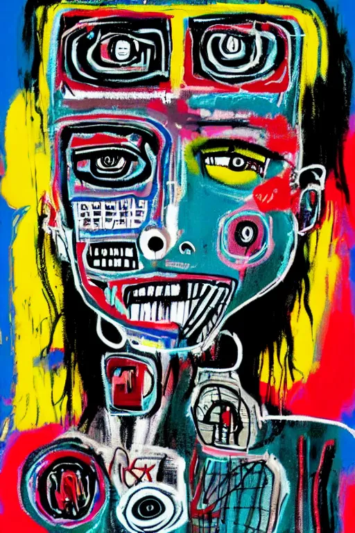 Prompt: cyborg girl in the style of jean michel basquiat