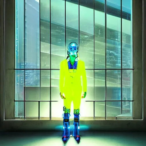 Image similar to painted by Robin Eley, a man in a neon suit stands in an empty room, his right arm and leg are cybernetic prosthetics. Outside the large floor to ceiling windows is a vast cyberpunk cityscape