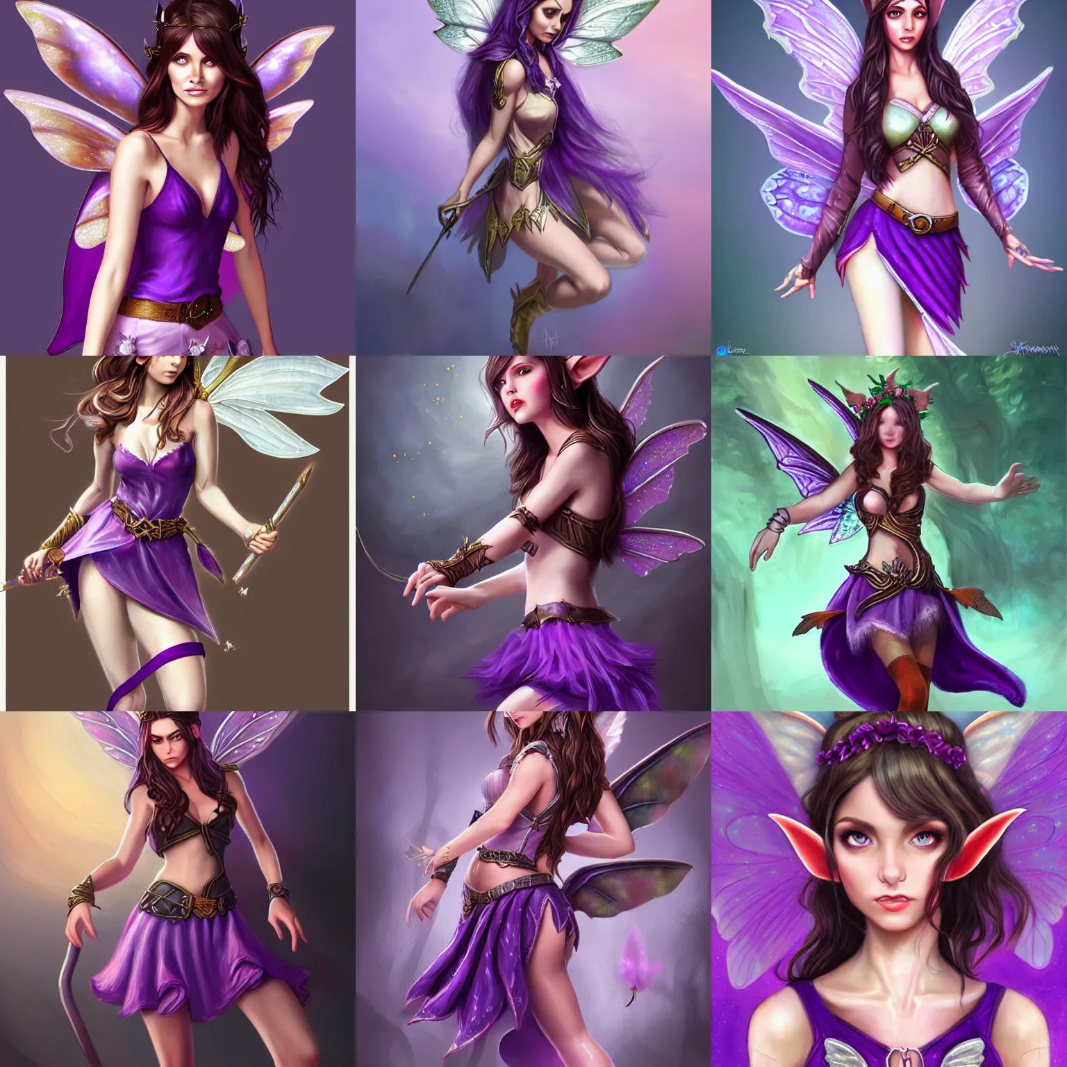 Prompt: brunette elf with fairy wings, wearing purple tanktop and flared skirt, d & d, fantasy, highly detailed, digital painting, trending on artstation, concept art, sharp focus, illustration, art by artgerm and rosstran