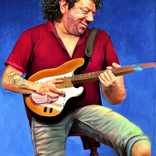 Prompt: Caricature portraits done of Dean Ween playing a guitar live on stage, realistic, hyperrealistic, very realistic, highly detailed, very detailed, extremely detailed, detailed, oil painting, digital art, trending on artstation