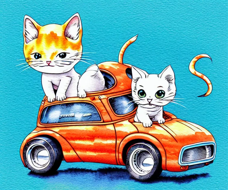 Image similar to cute and funny, kitten wearing a helmet riding in a tiny hot rod with an oversized engine, ratfink style by ed roth, centered award winning watercolor pen illustration, isometric illustration by chihiro iwasaki, edited by range murata, tiny details by artgerm and watercolor girl, symmetrically isometrically centered, sharply focused