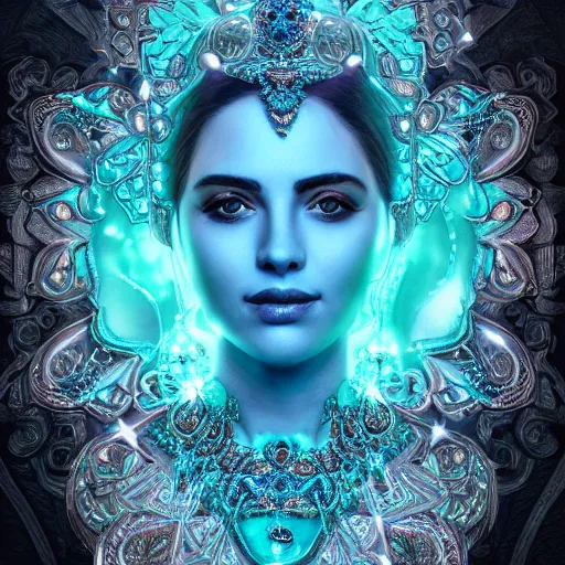 Image similar to portrait of pretty queen of avocado, glowing, ornate and intricate blue jewelry, jaw dropping beauty, glowing background lighting, white accent lighting, hyper detailed, 4 k octane render