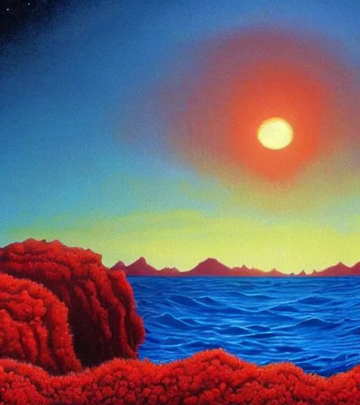 Image similar to a alien planet with a red ocean and blue sand and rocks at sunrise, bob ross painting, high coherence, highly detailed, high quality, masterpiece, award - winner