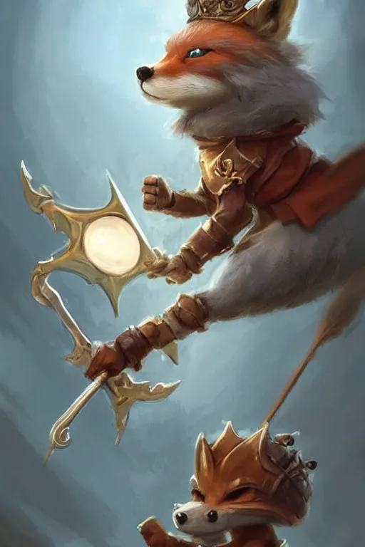 Image similar to cute little anthropomorphic foxy knight wearing a cape and a crown, tiny, small, miniature fox, baby animal, short, pale blue armor, cute and adorable, pretty, beautiful, DnD character art portrait, matte fantasy painting, DeviantArt Artstation, by Jason Felix by Steve Argyle by Tyler Jacobson by Peter Mohrbacher, cinematic lighting