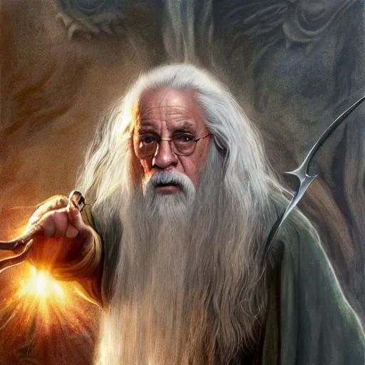 Image similar to Movie still of Danny Devito as Gandalf in the Lord of the Rings in the Shire, fantasy, highly detailed, digital painting, artstation, concept art, sharp focus, illustration, art by Tony Sart and artgerm and randy vargas