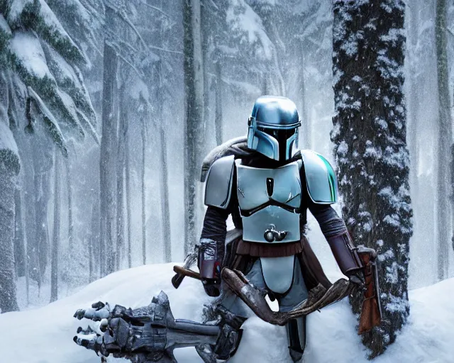 Prompt: in a snowy forest, a mandalorian jango fett, is looking at a huge pile of mandalorian helmets piled up, concept art highly detailed, great cinematic lighting, octane render, 8 k, depth of field, 3 d, art by greg rutkowski, trending on artstation, cinematographic shot