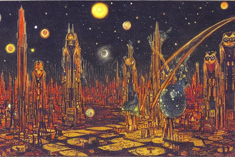 Image similar to a scifi illustration, Night City on Tatooine by Louis Wain (1920)