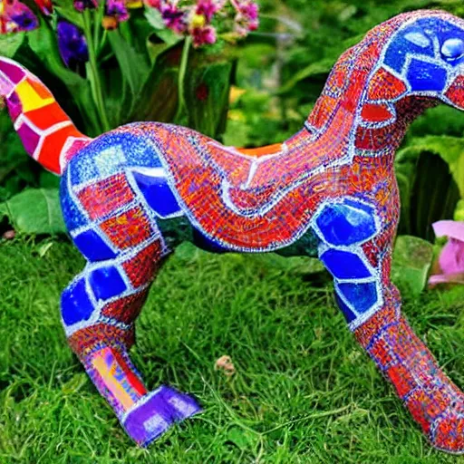 Image similar to mosaic sculpture of a alebrije chimera, irregularly shaped mosaic tiles, hand glazed pottery shards, in the style of folk art, in a cottagecore flower garden