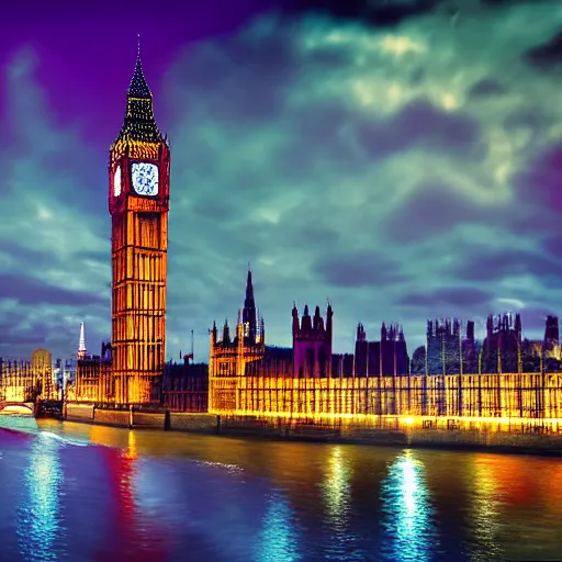 Image similar to Cyberpunk city, Big Ben, the Westminster, River Thames, flying aircrafts, neon