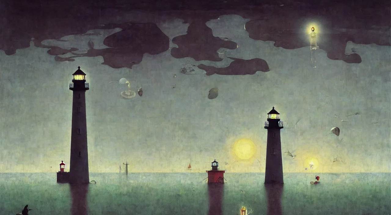 Image similar to single flooded simple!! lighthouse anatomy, very coherent and colorful high contrast masterpiece by norman rockwell franz sedlacek hieronymus bosch dean ellis simon stalenhag rene magritte gediminas pranckevicius, dark shadows, sunny day, hard lighting