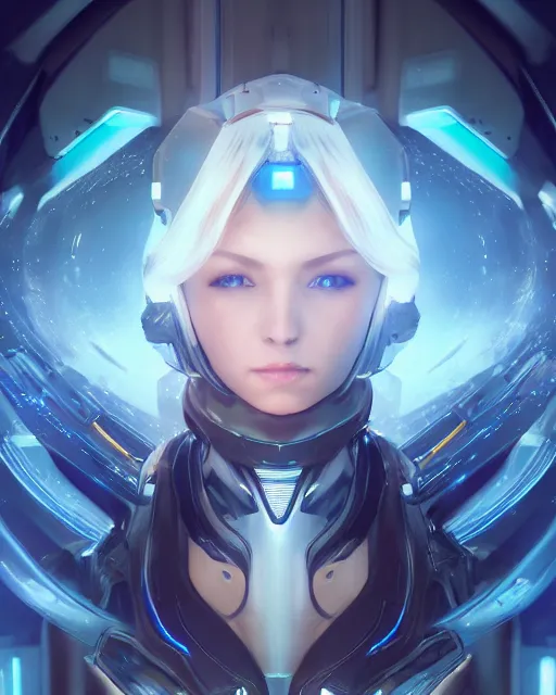 Image similar to perfect android girl on a mothership, warframe armor, beautiful face, scifi, futuristic, galaxy, nebula, raytracing, dreamy, long white hair, blue cyborg eyes, sharp focus, cinematic lighting, highly detailed, artstation, divine, by gauthier leblanc, kazuya takahashi, huifeng huang