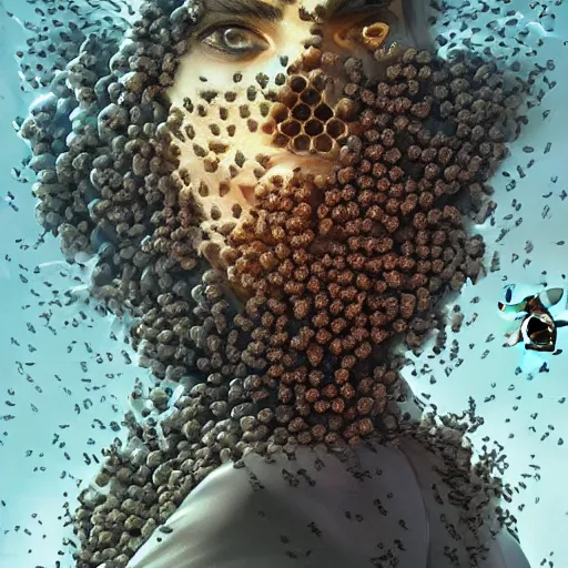 Image similar to The angry, agonizing face of a woman who is a swarm of bees made of bees surrounded by bees🐝🐝🐝 fantasy artwork, very very beautiful, trending on artstation