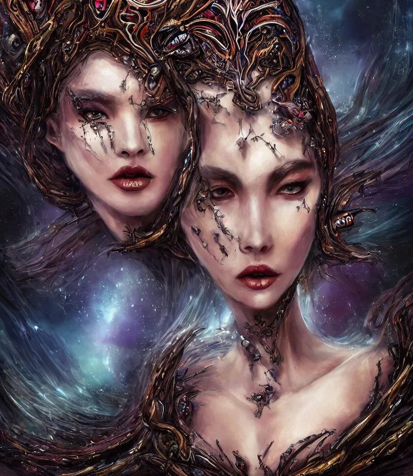Image similar to close up portrait on the enchanting femenine queen of the zerg, hyper attractive, seductive, very complex, hyper-maximalist, overdetailed, legendary cinematic, darkfantasy, archetype with timeless beauty breathtaking eyes, her spider like legs spread evenly around her framing the image, collossal alien ship in the sky behind her, highly intricate, digital art, very elegant, HDR 8K, biblical art, realism, incomprehensible yet perspicious detail, unbeatable quality, silent hill aesthetic, photorealistic, lifelike, DSLR 8k, unbeatable coherency, Omnious intricate, octane render, created Nixeu & z--ed from deviantart