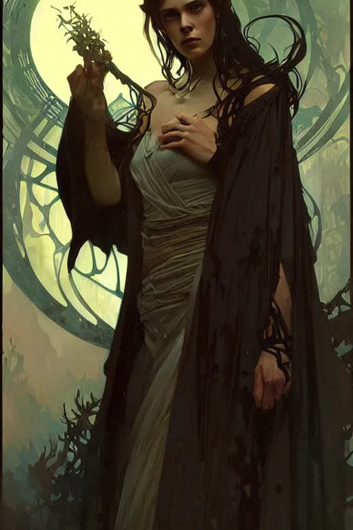 Image similar to Dark wizard, fantasy, painting by greg rutkowski and alphonse mucha