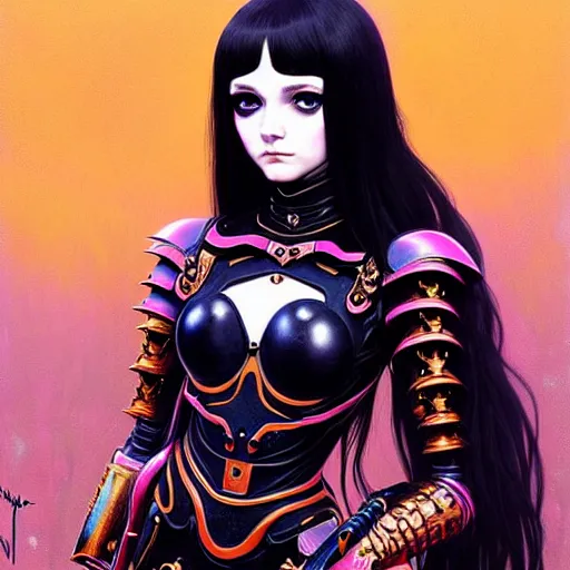 Image similar to portrait of beautiful cute goth girl in warhammer armor, art by kuvshinov ilya and wayne barlowe and gustav klimt