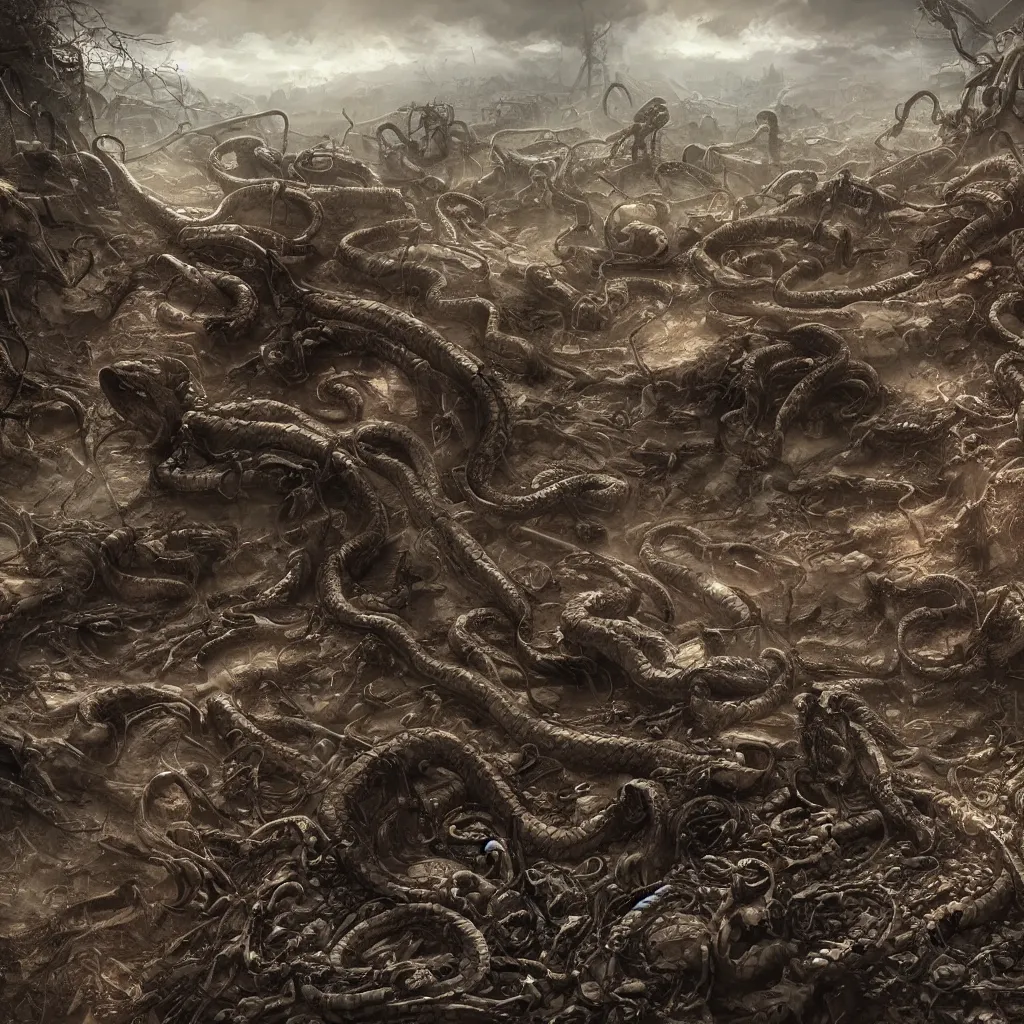 Prompt: snakes crawling from skulls in apocalyptic wasteland, depressing, morbid, surreal, 4 k, digital art, concept art, trending on artstation, highly detailed, epic composition