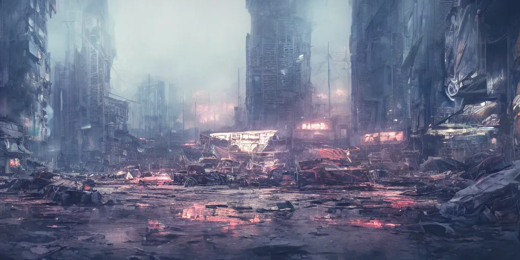 Image similar to dystopian city with endless refugees tents on different heights of huge ruined buildings, neon lights, sci - fi, night lights, rain and haze, concept art, intricate, photorealistic, in the style of katsuhiro otomo, akira, octane render, rtx, hdr, unreal engine