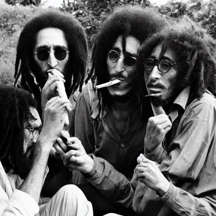 Image similar to john lennon smoking a joint with bob Marley, photograph by Willy Spiller, 1970s