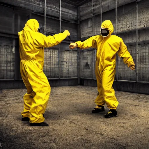 Prompt: wrestlers wearing hazmat suits backyard cage wrestling, hyper realism, cinematic, volumetric lighting, epic composition, high detail, octane render, unreal engine, ray tracing, apocalyptic, intricate complexity, extremely detailed, very sharp,