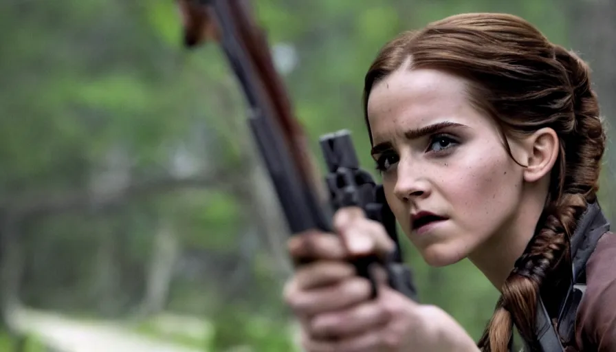 Image similar to film still of emma watson as katniss, the hunger games, action shot