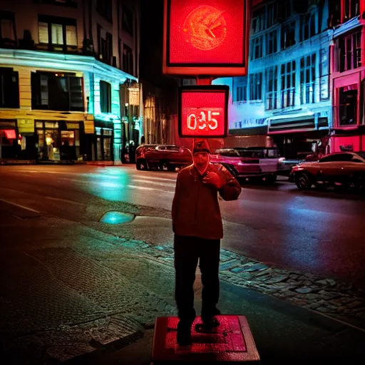 Image similar to Man drinking alcohol on a traffic light in the square city square, red light, atmospheric, 35mm movie, photo real, cinematic,